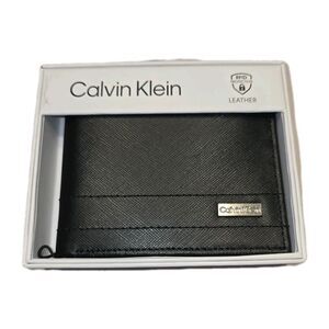 CALVIN KLEIN Logo Men's Black Leather Billfold ID Wallet RFID MSRP$49 NEW